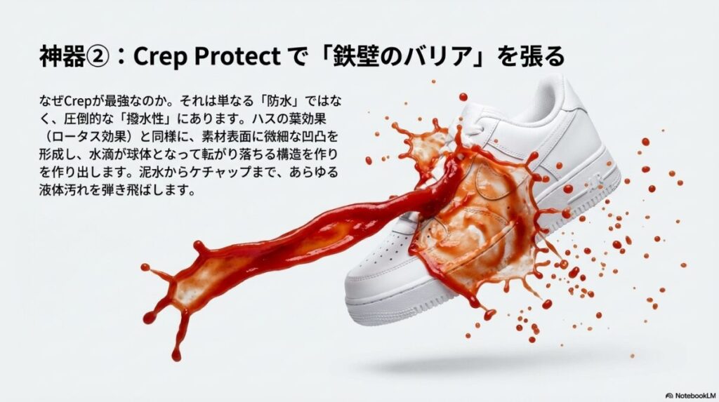 ケチャップや泥汚れを弾く白いスニーカーの画像。Crep Protectによるロータス効果(ハスの葉効果)と撥水性の仕組みを図解。