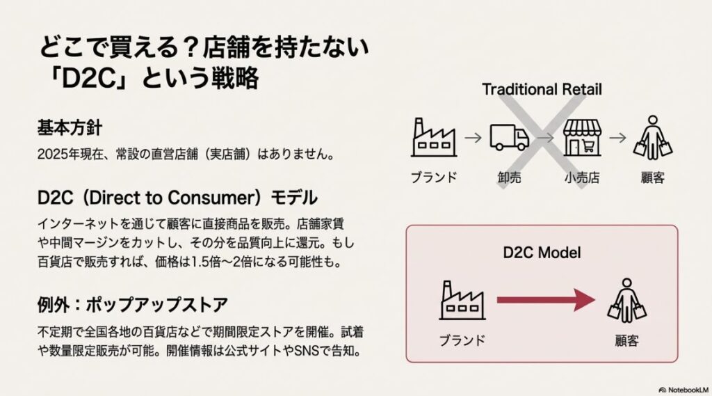 従来の流通モデルとD2Cモデルを比較し、中間マージンをカットして品質に還元していることを説明した図解スライド。