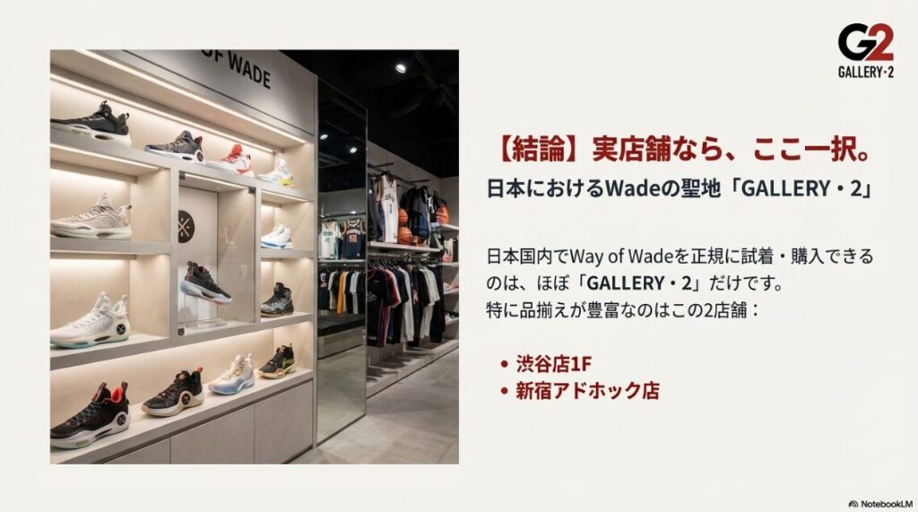 整然と並ぶWay of Wadeのバッシュとアパレルが陳列されたGALLERY・2の店内写真