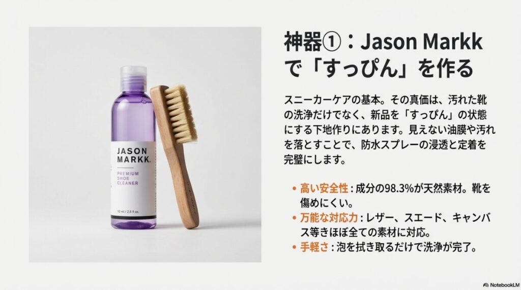 Jason Markkのプレミアムシュークリーナーとブラシの画像。新品のスニーカーを洗浄し、防水スプレーの下地を作る重要性を解説。