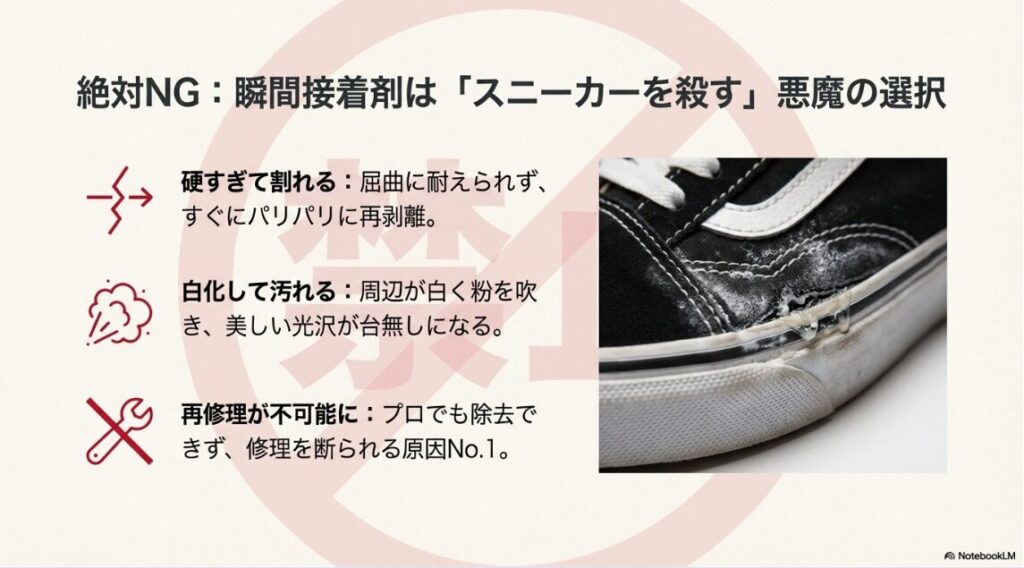 瞬間接着剤を使用して白化し、汚くなってしまったVANSのサイドテープの失敗画像。
