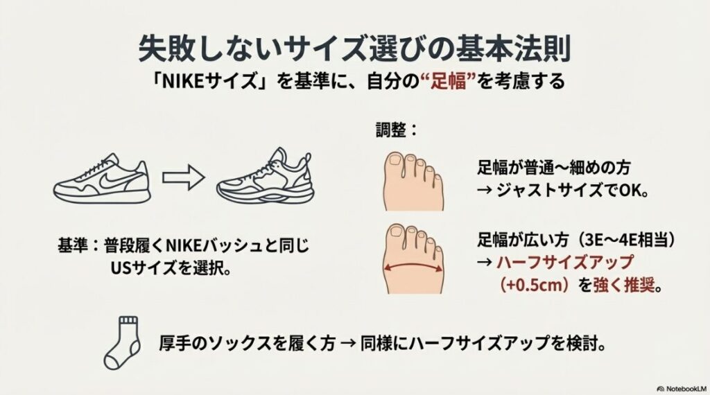 NIKEサイズを基準にし、足幅に合わせてハーフサイズアップを検討するための図解