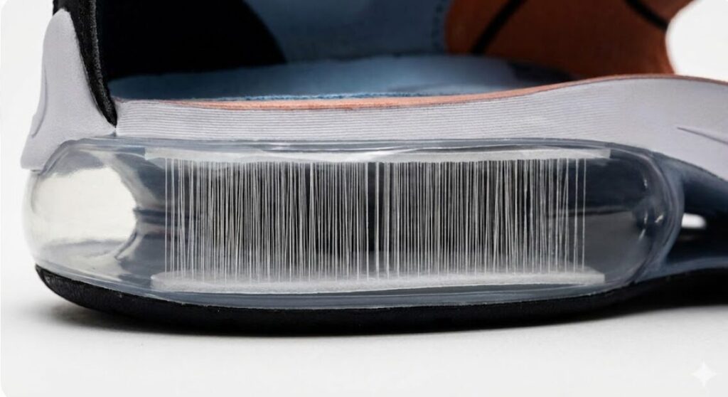 ナイキのZoom Airユニット内部の拡大断面図。加圧された空気バッグの中で、無数の高強力繊維が上下の面を繋ぎ、着地時の圧縮に対して強い反発力を生み出す構造が可視化されている。