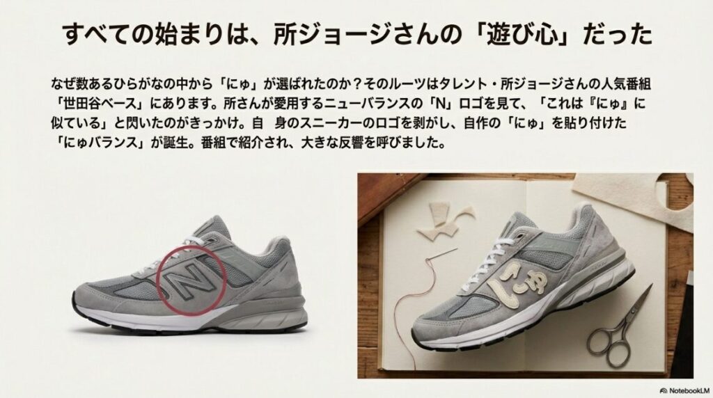 ニューバランスのスニーカーのNロゴが赤丸で囲まれ、そこからひらがなの「にゅ」に変形していく過程を示したビジュアル。