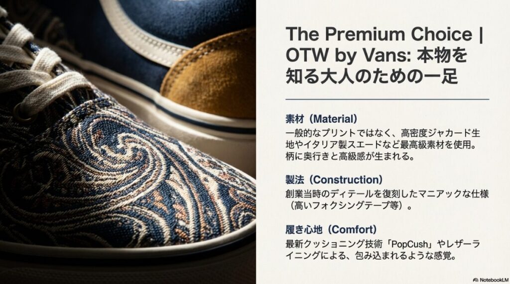 高級ラインOTW by Vansのペイズリーモデル。高密度ジャカード生地や最高級素材を使用し、創業当時のディテールを復刻した仕様の拡大写真。