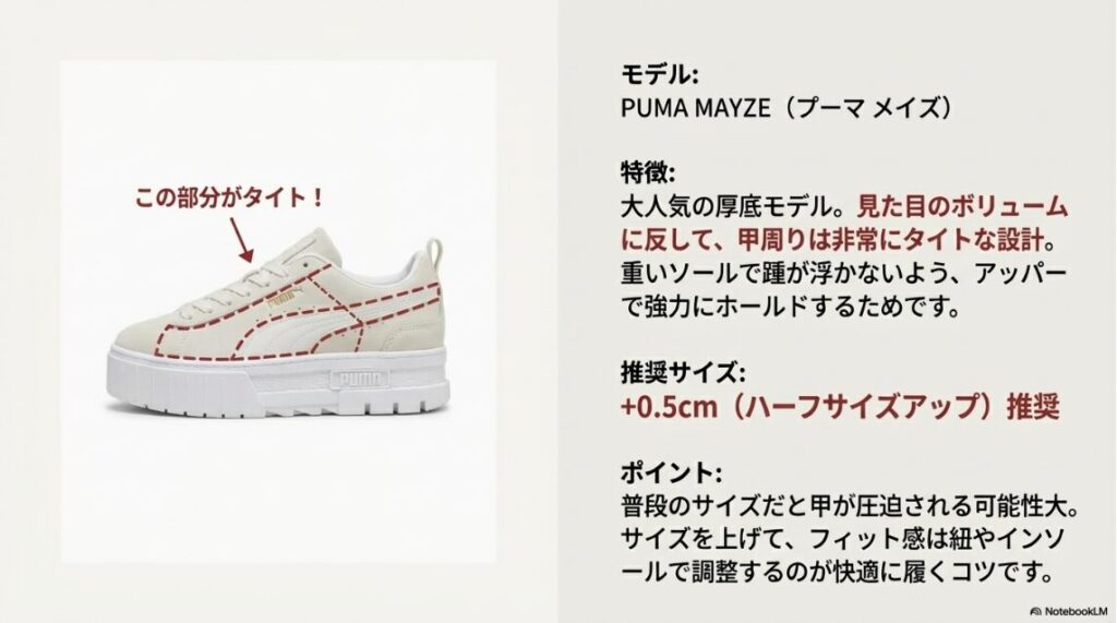 プーマメイズの画像。厚底だが甲周りがタイトな設計（甲部分を赤点線で強調）。ハーフサイズアップ推奨という解説。
