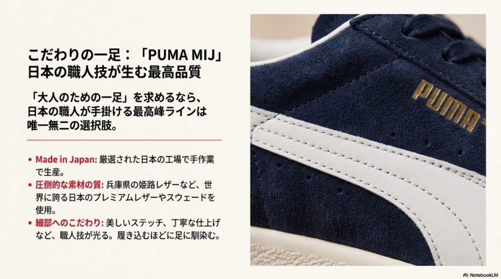 姫路レザーを使用したネイビーのスウェード生地と、金色のPUMAロゴのクローズアップ写真。