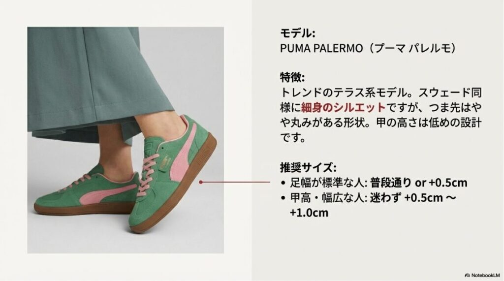 プーマパレルモの画像。つま先はやや丸みがあるが甲は低め。幅広・甲高の人は+0.5cm〜+1.0cm推奨という解説。