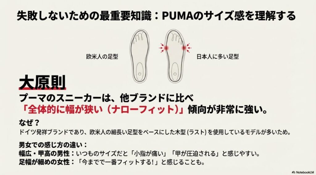 足のイラストと矢印を用いて、欧米人向けの木型により幅が狭い（ナローフィット）傾向があることを解説した図解。