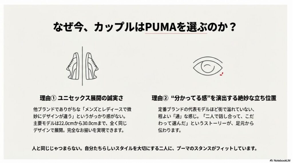 PUMAが選ばれる理由として「ユニセックス展開の誠実さ」と「分かってる感を演出する立ち位置」を説明したテキストスライド。