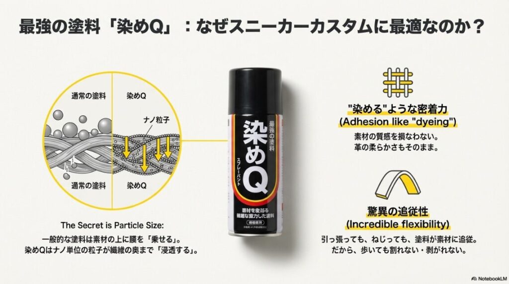 通常の塗料が表面に乗るだけなのに対し、染めQはナノ粒子が繊維の奥まで浸透している様子を比較した断面図。