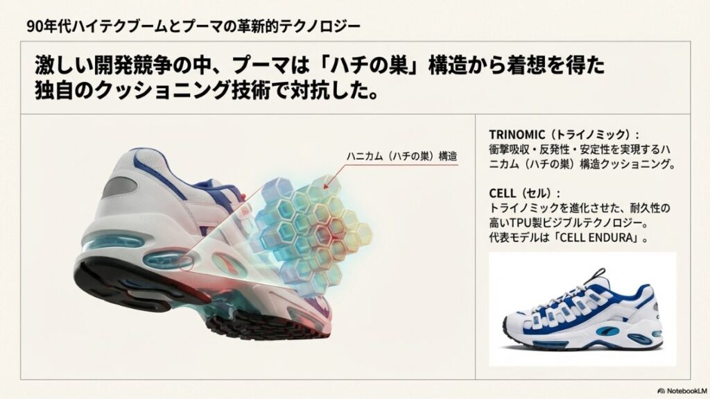 ハニカム（ハチの巣）構造の図解と、それを搭載した90年代のハイテクスニーカー、CELL ENDURAの画像。