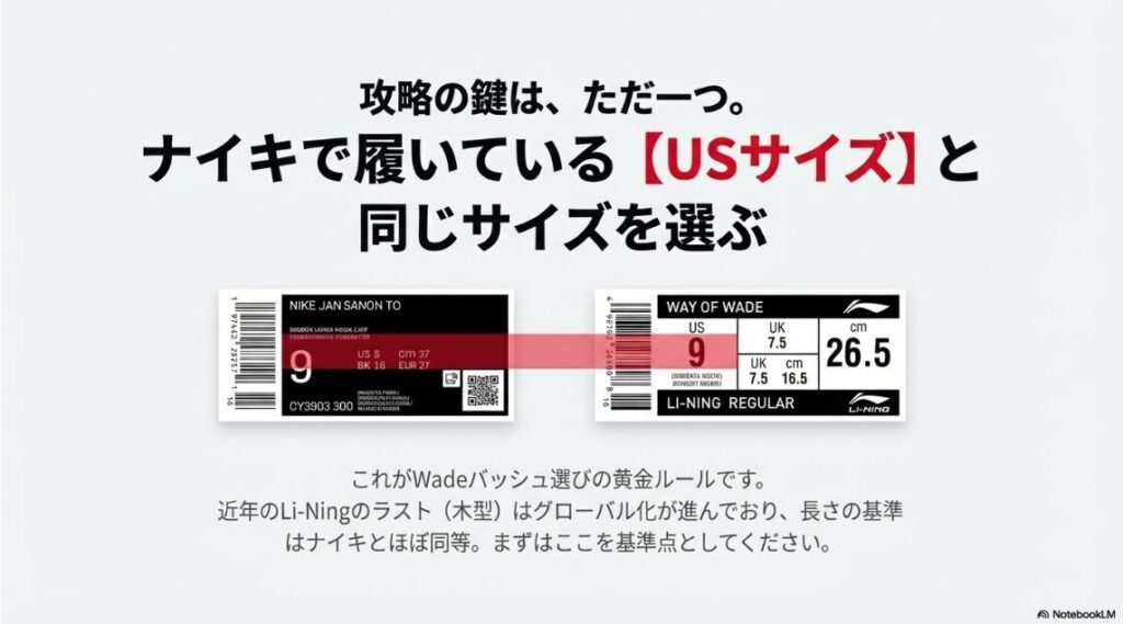 「攻略の鍵は、ただ一つ。ナイキで履いているUSサイズと同じサイズを選ぶ」というルールを強調したスライド。