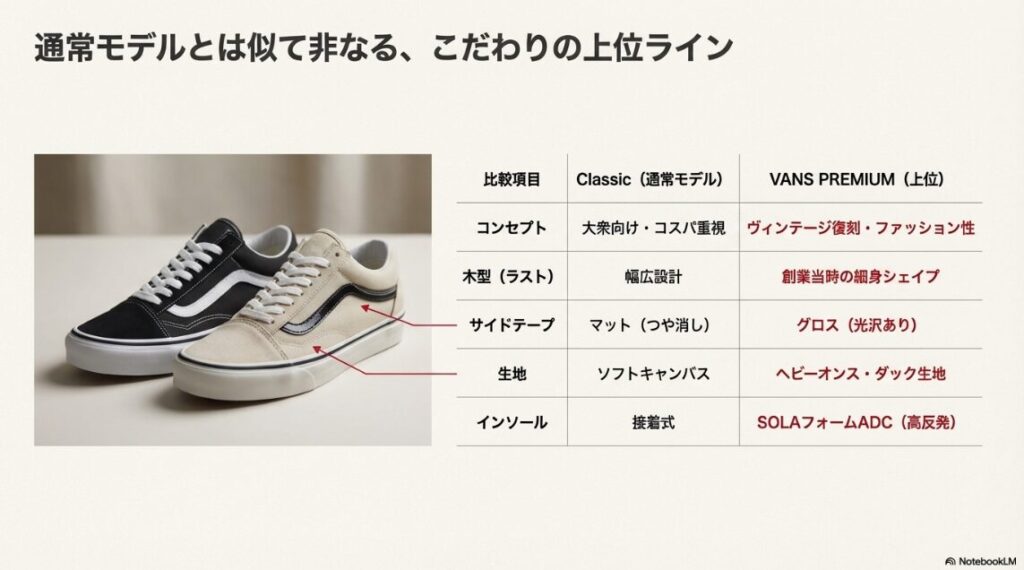 通常モデルとプレミアムラインの違い（木型、テープの光沢、生地、インソールなど）をまとめた比較表スライド。