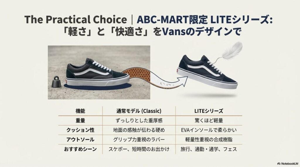 Vans通常モデルとLITEシリーズの重量とクッション性の比較イメージ。重厚なラバーソールと軽量なEVAソールの違いを図解。