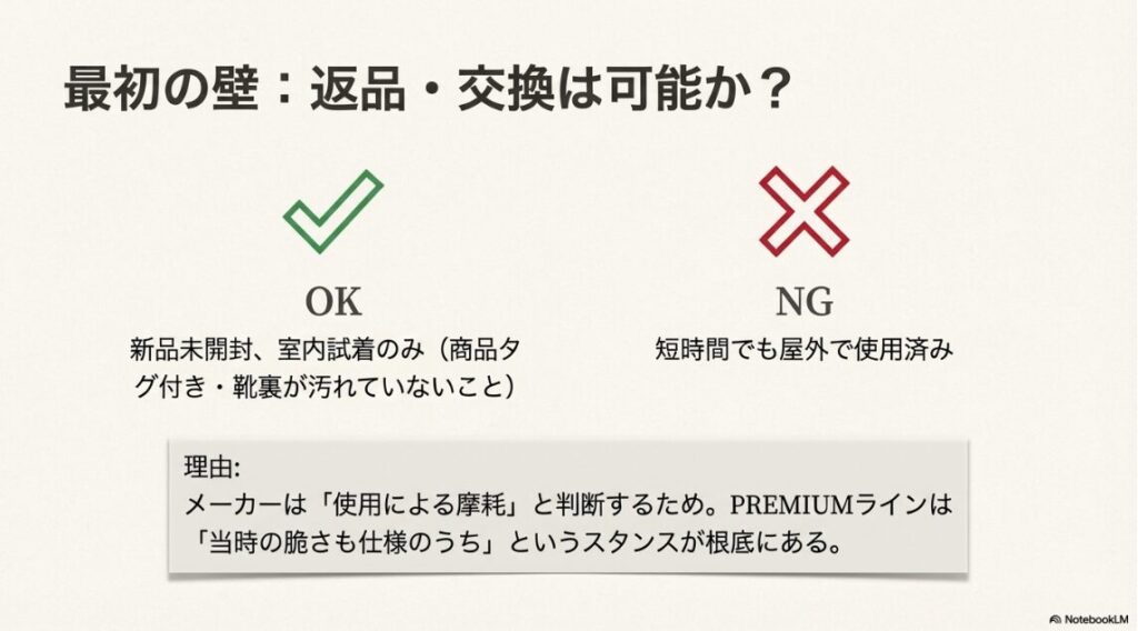 屋外で使用した場合は返品NG、新品未開封や室内試着のみならOKという、メーカーの返品対応基準を○×で示した図。