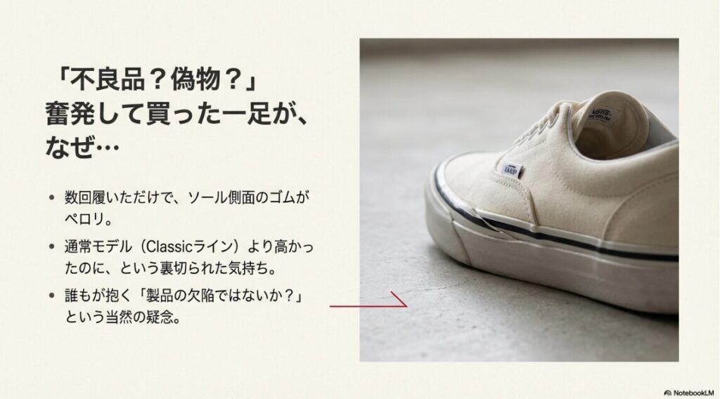 購入したばかりのVANS PREMIUMのソールが剥がれ、「不良品？偽物？」と不安に思うユーザーの心理を表したスライド。