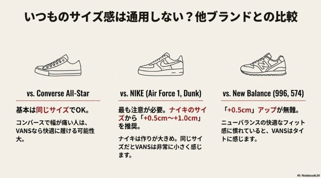 コンバース、ナイキ、ニューバランスとVANSのサイズ感を比較し、推奨サイズを提示したリスト。