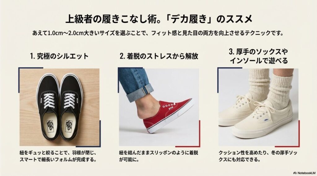 サイズアップして紐を絞ることで生まれる細長いシルエットと、着脱が楽になるメリットを示した写真。