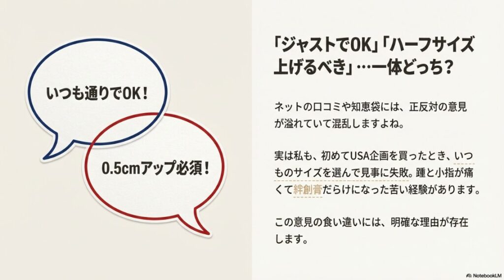 ネット上の口コミで「ジャストでOK」と「サイズアップすべき」という正反対の意見があり混乱している様子と、失敗談のイラスト。