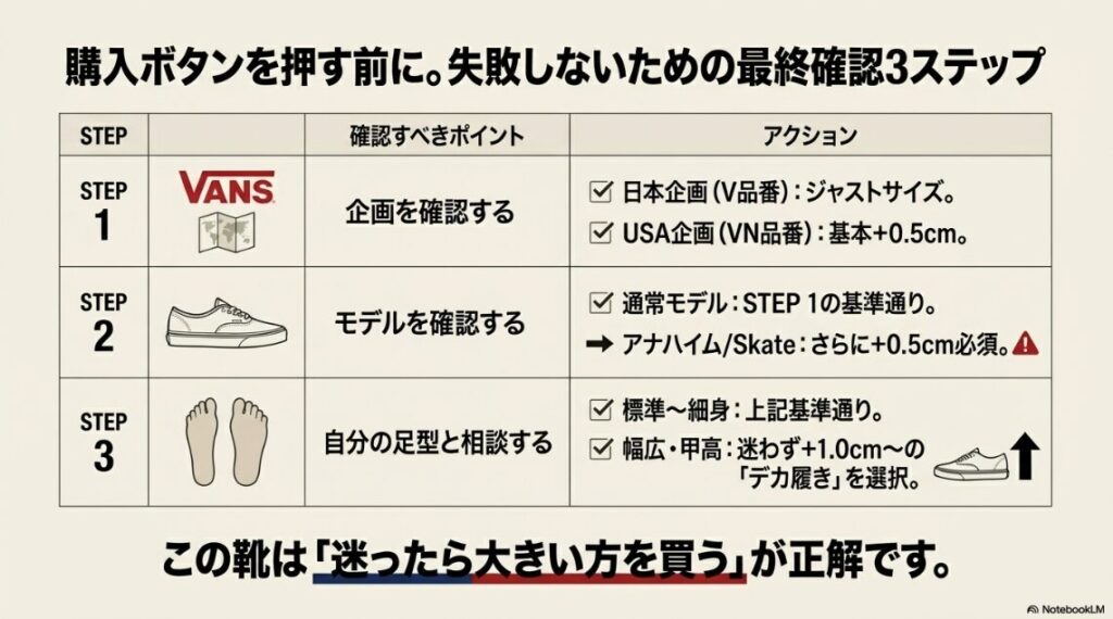 企画の確認、モデルの確認、足型の確認という3つのステップでサイズ選びを決定するフローチャート。