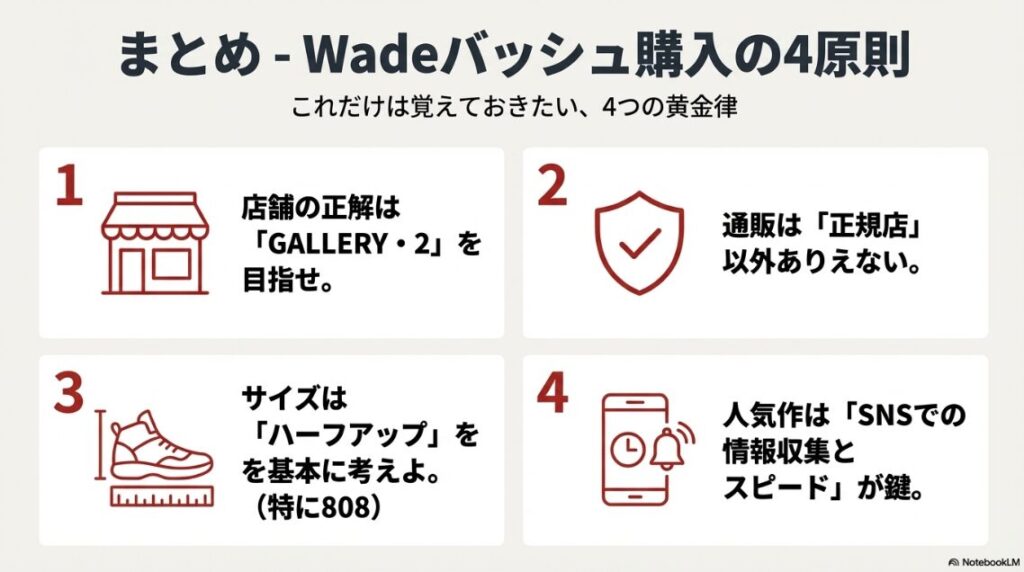 店舗選び、通販、サイズ、情報収集の4つの重要ポイントをまとめた総括スライド