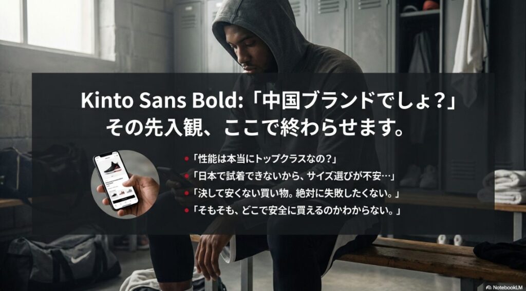 Way of Wadeに対する「中国ブランドへの先入観」や「サイズ選びの不安」「購入ルートの不明点」など、ユーザーが抱える悩みをまとめたスライド画像