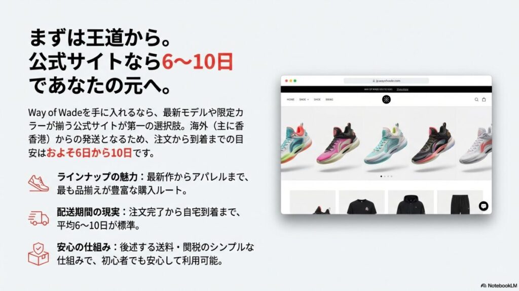 Way of Wade公式サイトのトップページ画像。「公式サイトなら6〜10日であなたの元へ」というキャッチコピーが表示されている。
