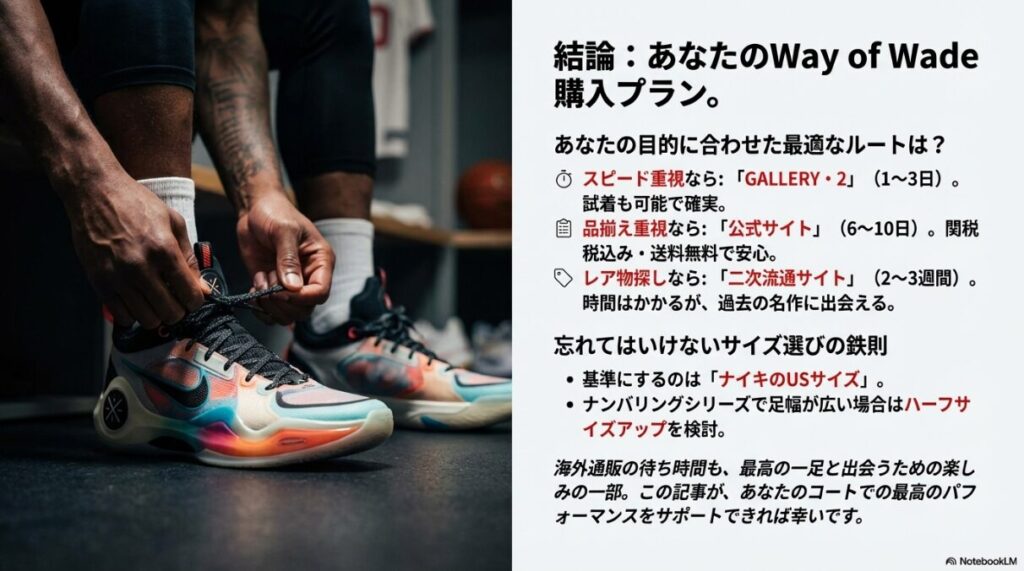 目的別の最適な購入ルート（スピードなら店舗、品揃えなら公式）と、サイズ選びの鉄則を箇条書きでまとめたスライド。