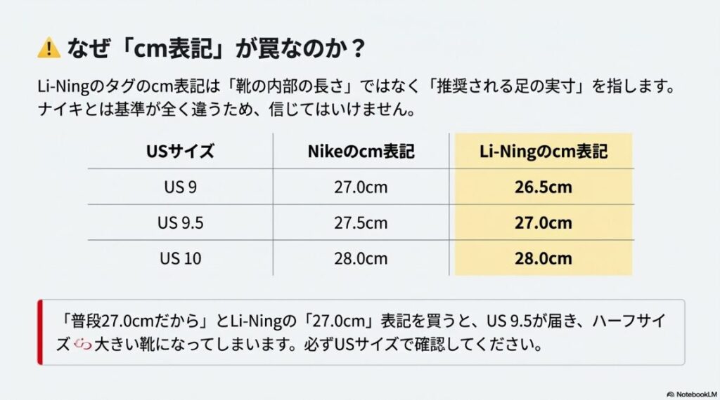 USサイズに対するNikeとLi-Ningのcm表記の違いを示した比較表。「なぜcm表記が罠なのか？」を解説している。