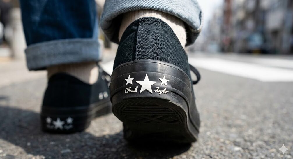 海外限定モデル「CT70」の特徴である、黒地に三ツ星がデザインされたヒールパッチ。