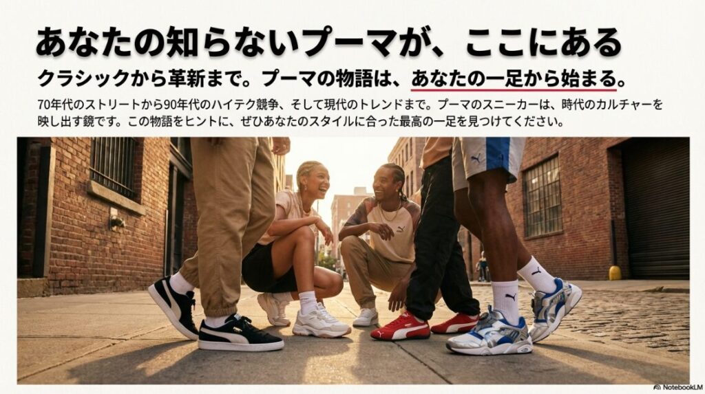 ストリートで様々な種類のプーマスニーカーを履いて談笑する若者たちのグループ写真。