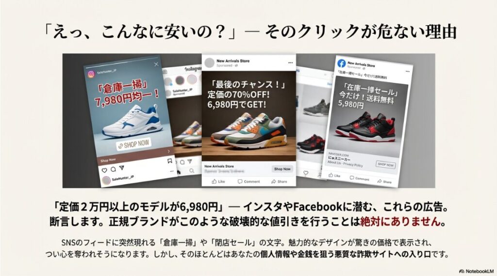 「倉庫一掃 7,980円均一」「最後のチャンス！定価の70%OFF」などと書かれた、複数のSNS広告バナーの例。