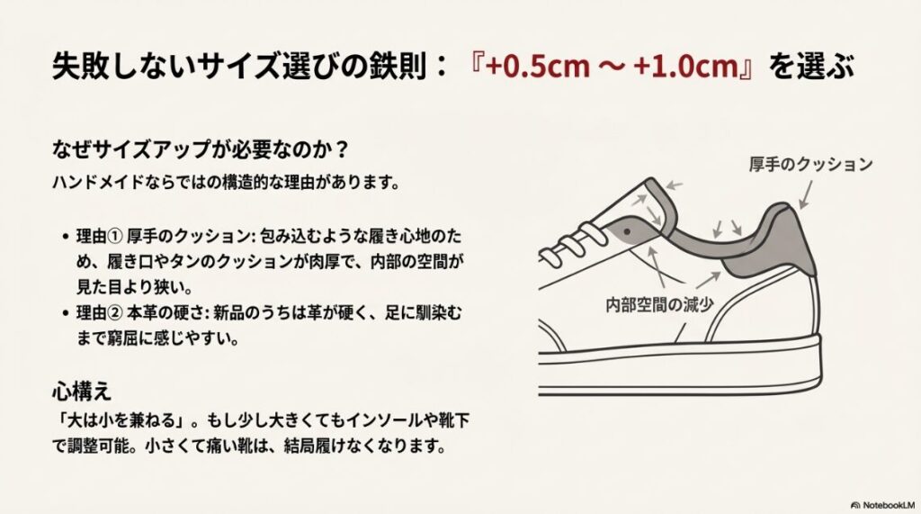 スニーカーの断面図イラスト。厚手のクッションにより内部空間が減少しているため、0.5cm〜1.0cmアップが必要な理由を図解。
