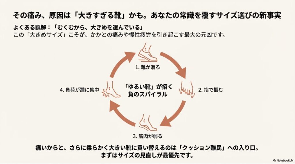 靴が大きすぎて滑ることで指で掴んでしまい、筋肉が弱る負のスパイラルを図示したフローチャート