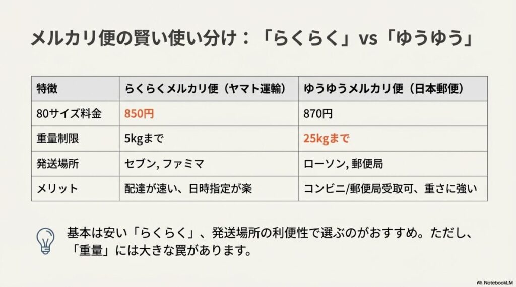 らくらくメルカリ便（ヤマト運輸）とゆうゆうメルカリ便（日本郵便）の80サイズ料金、重量制限、発送場所、メリットを比較した一覧表。