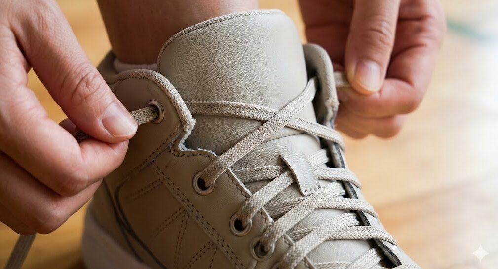 幅広の足に適した、靴紐を穴の下から上へ通す「アンダーラップ」の通し方の拡大写真