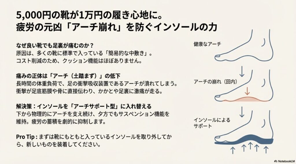 健康な足のアーチと疲労によるアーチ崩れ（回内）、インソールによるアーチサポート効果の図解
