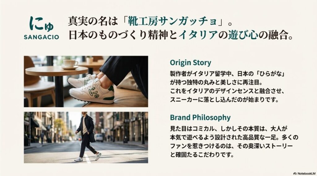 オシャレな街並みを歩くスニーカー着用画像と、製作者の想い（イタリア留学とひらがなの再発見）が記されたスライド。