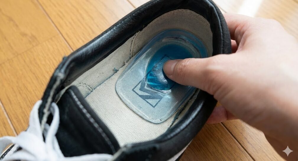 外せないVansの既存インソールの上に、踵部分をサポートするハーフタイプのジェルインソールを重ねて入れた状態。