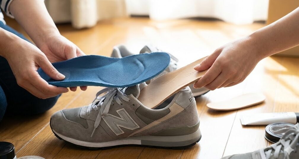 スニーカーのサイズ調整のために厚手のインソールを薄手のフラットインソールに入れ替える様子