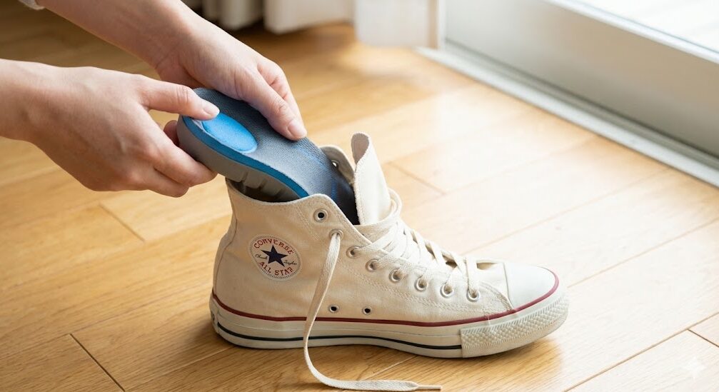 デカ履きしたコンバースの履き心地を改善するために、クッション性の高い機能性カップインソールを装着している様子。