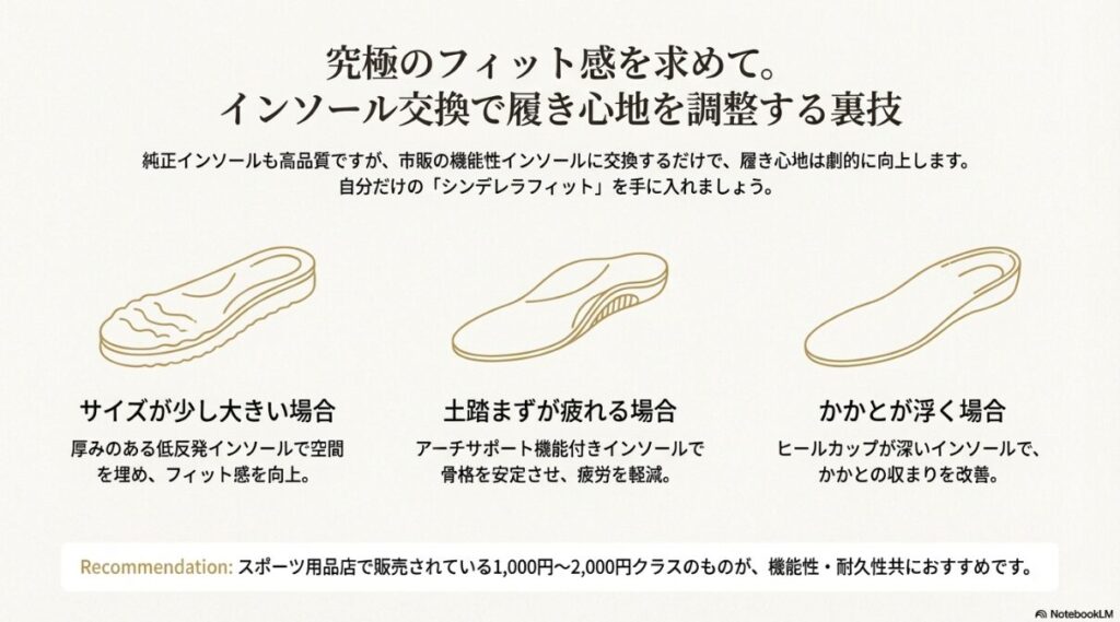 サイズが大きい場合や土踏まずが疲れる場合など、悩み別に適したインソールの選び方。
