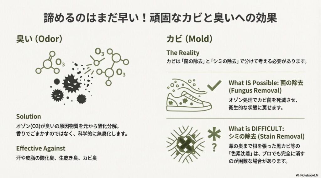 オゾン（O3）分子が臭いの原因菌を分解するイメージ図と、カビの「菌」は除去できても「色素沈着（シミ）」の除去は困難であることを示す注意書き。