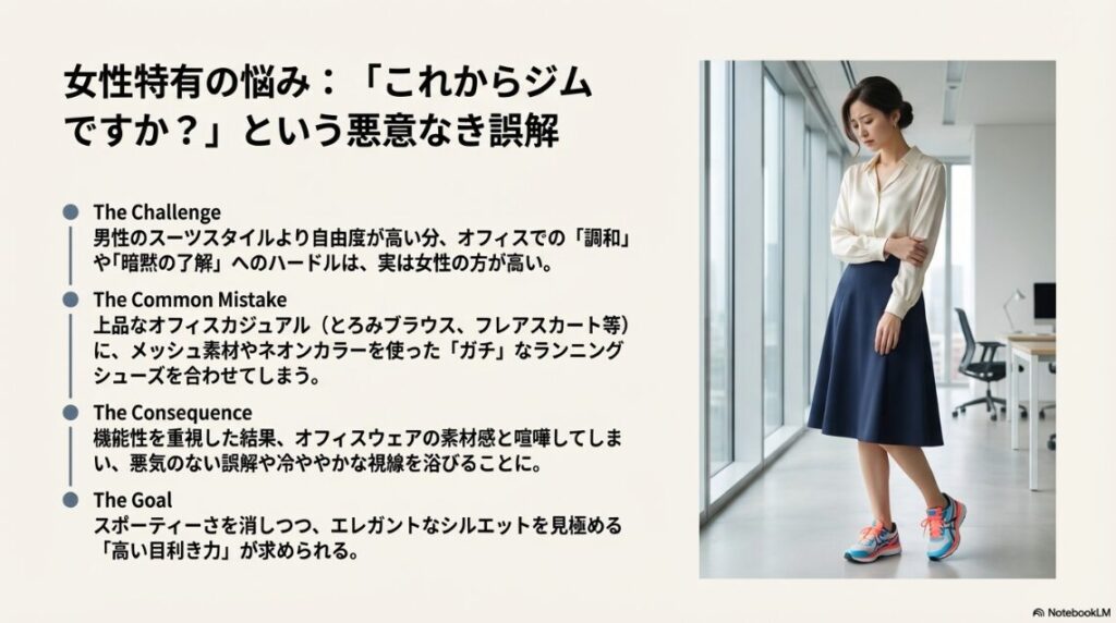 上品なオフィスカジュアルに派手なスポーツシューズを合わせ、「これからジムですか？」と誤解される事例の解説。