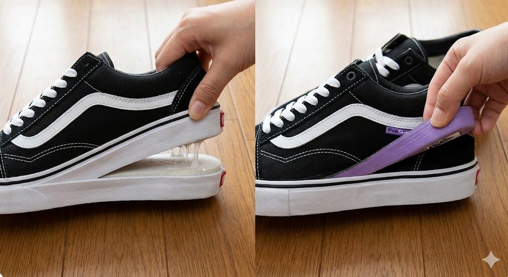 Vansオールドスクールの通常モデル（左：接着インソール）とスケートモデル（右：取り外し可能なPopCushインソール）の内部構造比較。