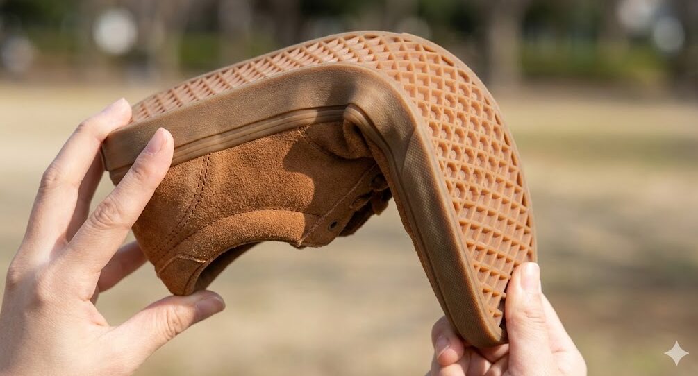 日本人の手がVANSカーバーローのソールを曲げている写真。ワッフルソールが柔軟に曲がっており、ブーツのような見た目とは裏腹にスニーカーのように歩きやすい屈曲性があることを示している。