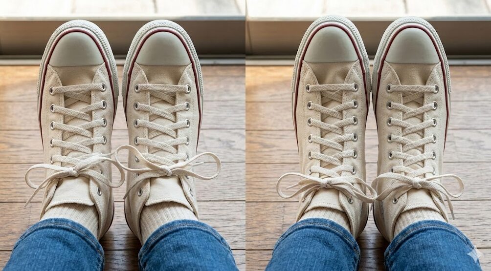 コンバースのジャストサイズ（左）とデカ履き（右）のシルエット比較。紐をきつく締める「ギュン締め」によるハトメの平行なラインの違い。