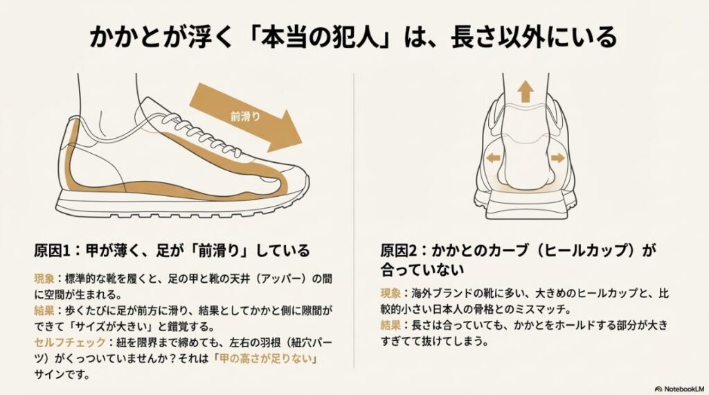 甲が薄いために足が前方に滑り、結果としてかかと側に隙間ができてしまう現象を説明した図。