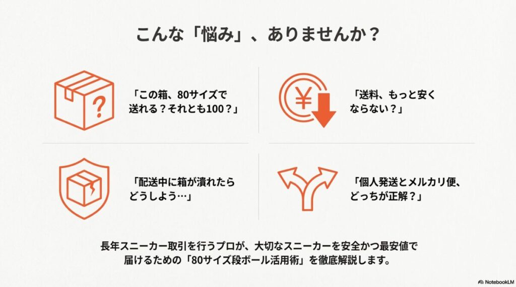 「この箱、80サイズで送れる？」「送料をもっと安くしたい」「箱潰れが心配」といった、スニーカー発送時によくある悩みと疑問のリスト。